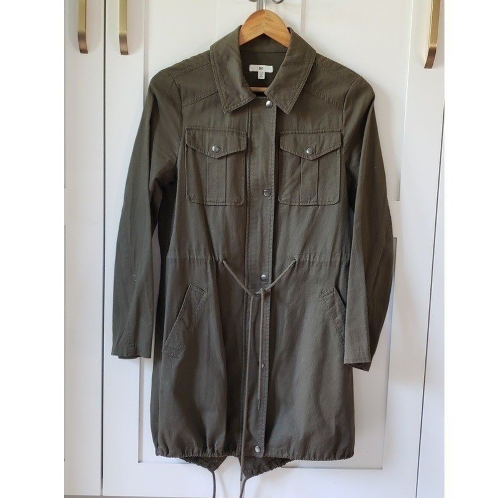 BP. Jacket Womens XXS Green Cotton Twill Military Snap Front Drawstring Pockets